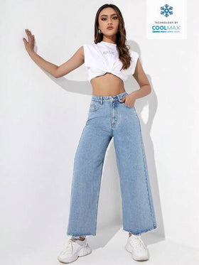 Jeanoix بنطال جينز بقصة مستقيمة و حاشية مزينة من الدنيم المزود بتقنية Coolmax (منعش و مريح)