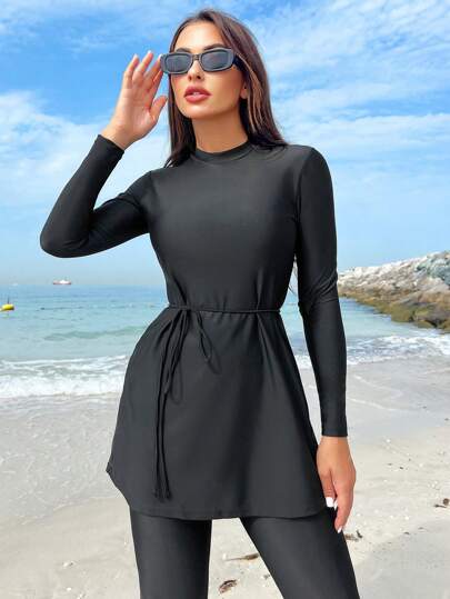 طقم تانكيني حريمي Swim Shayni ملابس سباحة للنساء بأكمام طويلة بياقة واقفة وبدون سلكسباحة بوركيني مناسبة للشاطئ الصيفي