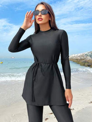 طقم تانكيني حريمي Swim Shayni ملابس سباحة للنساء بأكمام طويلة بياقة واقفة وبدون سلكسباحة بوركيني مناسبة للشاطئ الصيفي