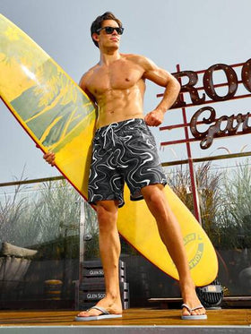 Surfspeed سراويل شاطئ رجالية بنمط مطبوع عليها رسومات وحبال ربط في الخصر، سراويل للمسبح، للشاطئ، العطلات، الأسلوب الهاواي