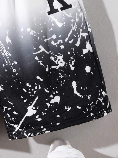 SHEIN طقم ملابس صبياني عمر البلوغ مناسب بتصميم طباعة التاج والحروف بتدرج الألوان و قميص بأكمام قصيرة وشورت فضفاض للارتداء العادي