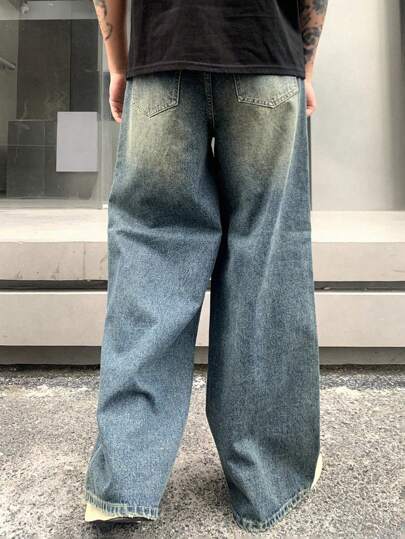DAZY جينز رجالي بقصة فضفاضة وساق واسعة على الطراز الرجعي، ملابس عودة إلى المدرسة