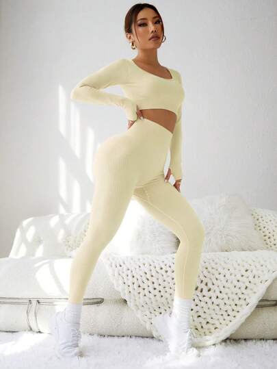 SHEIN Sport Studio طقم رياضي سليم للنساء، مجموعة سراويل ضيقة للتمرين