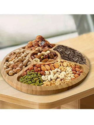 صينية خشب دائرية بخمسة أقسام بقطعة واحدة، تستخدم لتقديم الوجبات الخفيفة، الفواكه المجففة والشاي، مناسبة للاستخدام في المنزل والفندق والمطعم وحفلات الزفاف والمطبخ وديكور المائدة