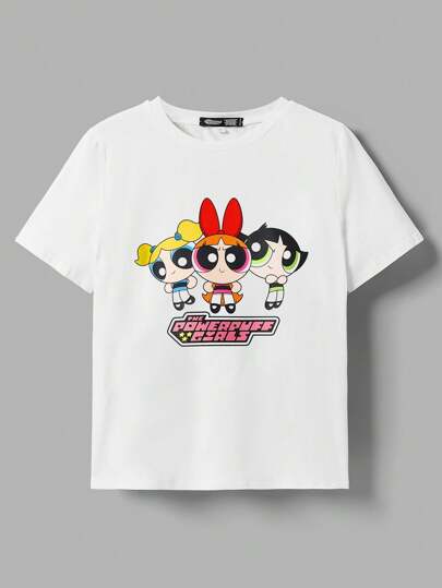 ملابس بناتي THE POWERPUFF GIRLS X  تيشيرت برسوم الكرتون والحروف للفتيات في بداية المراهقة