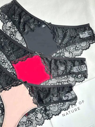 سروال داخلي نسائي منخفض الخصر من دانتيل، 3 قطع/عبوة ملابس داخلية