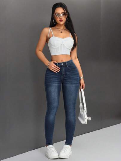 SHEIN PETITE جينز نحيل بخصر عالٍ للنساء
