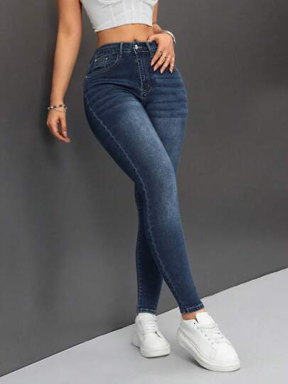 SHEIN PETITE جينز نحيل بخصر عالٍ للنساء