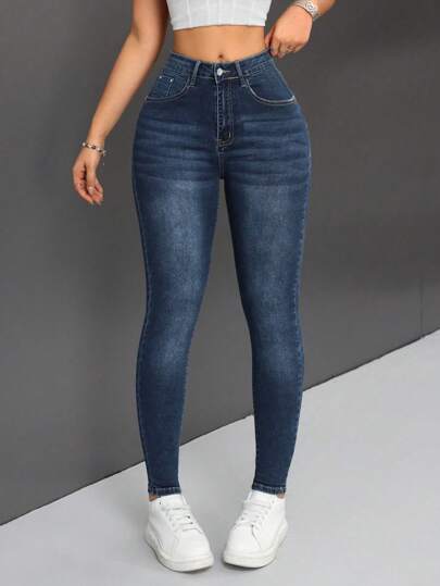 SHEIN PETITE جينز نحيل بخصر عالٍ للنساء