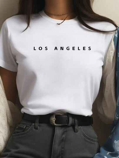 MOOSTA لباس علوي نسائية بأكمام قصيرة مطبوعة بحروف من تي شيرت برسم LOS ANGELES للنساء