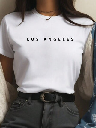 MOOSTA لباس علوي نسائية بأكمام قصيرة مطبوعة بحروف من تي شيرت برسم LOS ANGELES للنساء