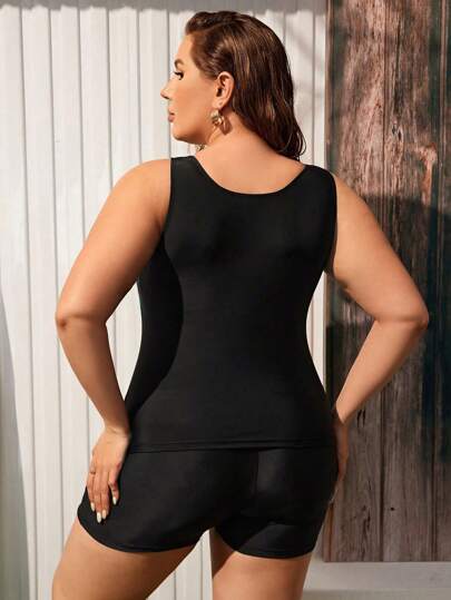 SHEIN Swim Curve طقم تانكيني نسائي بطبعة هندسية للمقاسات الكبيرة، ملابس سباحة مناسبة للشاطئ للاستجمام