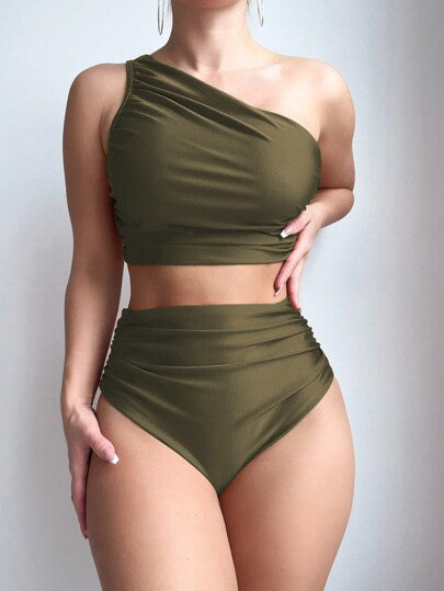 SHEIN Swim مجموعة بكيني مخطط لون موحد للنساء مع ملابس علوية قصيرة غير متناسقة وقعر مجموعة بكيني مجعدة ، للصيف والسفر والعطلات وحمام السباحة