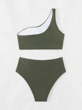 SHEIN Swim مجموعة بكيني مخطط لون موحد للنساء مع ملابس علوية قصيرة غير متناسقة وقعر مجموعة بكيني مجعدة ، للصيف والسفر والعطلات وحمام السباحة