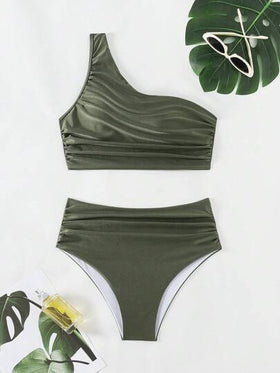 SHEIN Swim مجموعة بكيني مخطط لون موحد للنساء مع ملابس علوية قصيرة غير متناسقة وقعر مجموعة بكيني مجعدة ، للصيف والسفر والعطلات وحمام السباحة