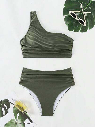 SHEIN Swim مجموعة بكيني مخطط لون موحد للنساء مع ملابس علوية قصيرة غير متناسقة وقعر مجموعة بكيني مجعدة ، للصيف والسفر والعطلات وحمام السباحة