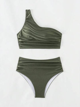 SHEIN Swim مجموعة بكيني مخطط لون موحد للنساء مع ملابس علوية قصيرة غير متناسقة وقعر مجموعة بكيني مجعدة ، للصيف والسفر والعطلات وحمام السباحة