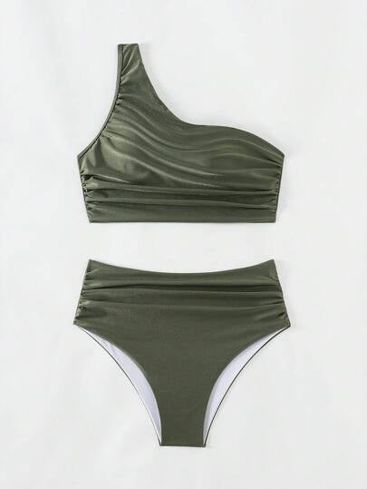 SHEIN Swim مجموعة بكيني مخطط لون موحد للنساء مع ملابس علوية قصيرة غير متناسقة وقعر مجموعة بكيني مجعدة ، للصيف والسفر والعطلات وحمام السباحة