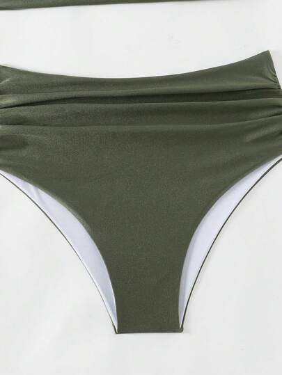 SHEIN Swim مجموعة بكيني مخطط لون موحد للنساء مع ملابس علوية قصيرة غير متناسقة وقعر مجموعة بكيني مجعدة ، للصيف والسفر والعطلات وحمام السباحة