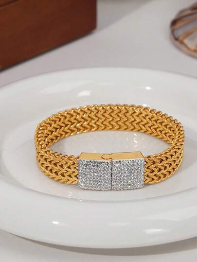 سوار من الفولاذ المقاوم للصدأ مطلي بالذهب عيار 18 قيراط، مرصع بالكامل