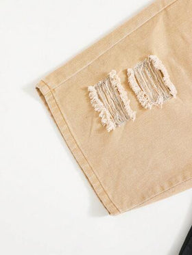 SHEIN سروال جينز قصير ممزق بلون متداخل للشباب، ملابس الصبي المراهق لفصل الربيع والصيف