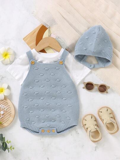 SHEIN Vintaside Kids للبنات الاطفال تفاصيل ازرار حياكة بوديسوت & قبعة بدون تي شيرت