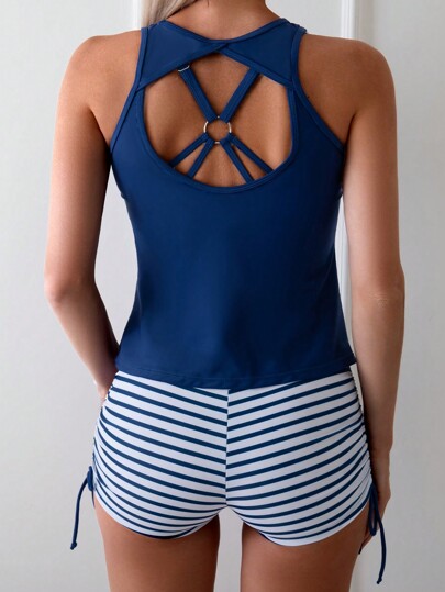 طقم تانكيني حريمي Swim Lushoire طقم لباس سباحة مكون من صدرية مخطط وكنزة علوية وشورت بسوسرة للنساء، للعسل، السفر، الإجازة، حمام السباحة،شاطئ الصيف'