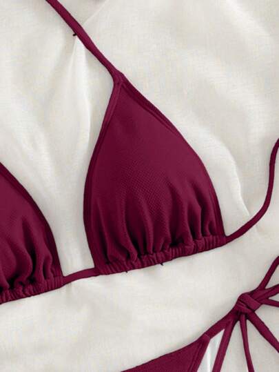 SHEIN Swim مجموعة بيكيني عنق السترة اللون الصلب، ملابس السباحة الشاطئية الصيفية، ملابس السباحة بالوتيرة، صدرية السباحة، الصيف