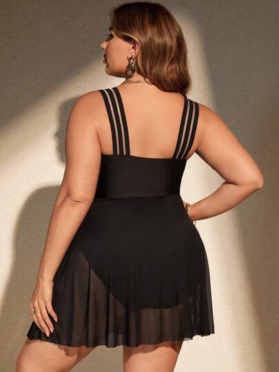 SHEIN Swim Curve مايوه كامل للحجم الكبير في الصيف مع حمالة كاميسول، مجموعة قطعتين