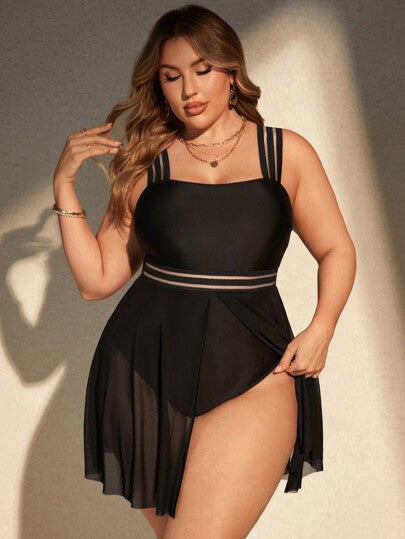 SHEIN Swim Curve مايوه كامل للحجم الكبير في الصيف مع حمالة كاميسول، مجموعة قطعتين