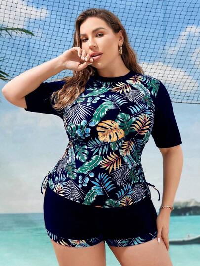 Swim Lushoire مجموعة قميص نسائي بأكمام قصيرة بطبعة الزهور وقيعان بيكيني بمقاسات كبيرة - ملابس السباحة الشاطئية للنساء