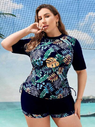 Swim Lushoire مجموعة قميص نسائي بأكمام قصيرة بطبعة الزهور وقيعان بيكيني بمقاسات كبيرة - ملابس السباحة الشاطئية للنساء