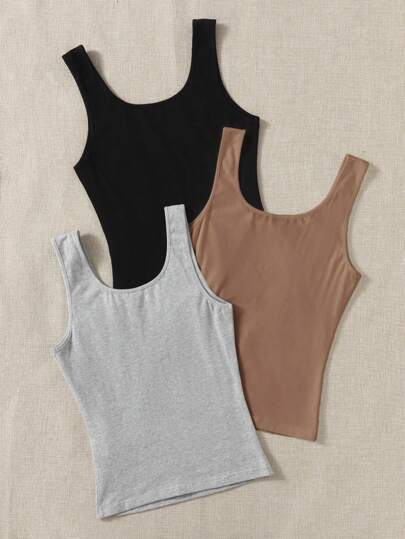 EZwear سترة بدون أكمام بيضاء ذات ياقة دائرية بلون سادة مجموعة من 3 , ملابس علوية سهرة