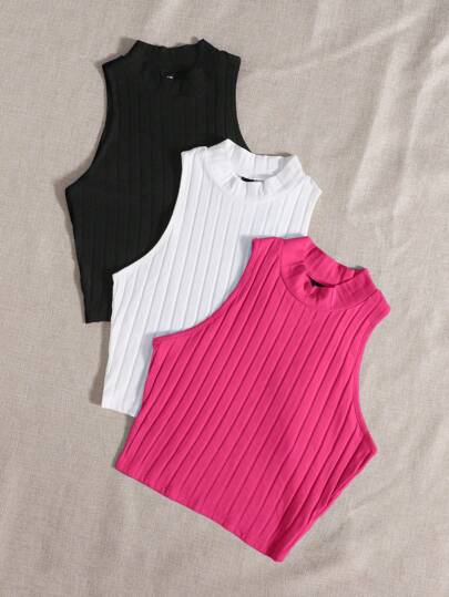 EZwear ملابس علوية بدون اكمام نسائي بتصميم اضلاع بلون سادة