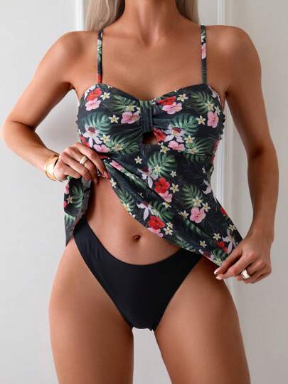 طقم تانكيني حريمي Swim مجموعة تانكيني بطبعة استوائية صيفية، سراويل مثلثة سادة، وقمصان رفيعة الحمالات