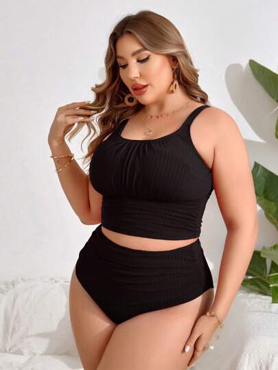 Swim Lushoire حمالة صدر تانكيني ذاتي الربط بالرقبة و قطعة سفلية بدون ظهر، ثوب سباحة كبير المقاس ناعم وغير لامع بلون واحد للنساء