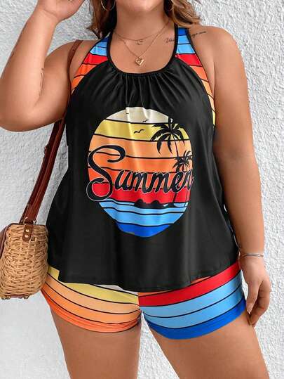 SHEIN CURVE+ مجموعة تانكيني بطبعة نخيل وحروف للشاطئ في فصل الصيف، مقاس زائد