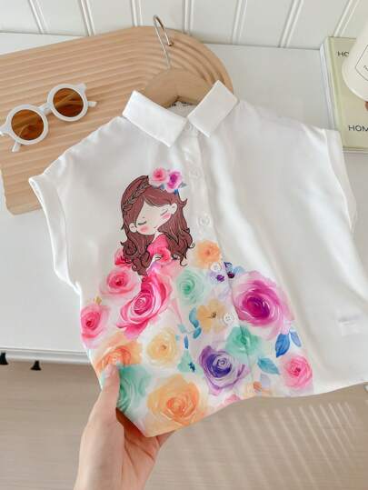 SHEIN LMoss Kids ملابس علوية بأكمام قصيرة فضفاضة للبنات الصغيرات لأسلوب الموضة الرياضي، للربيع والصيف