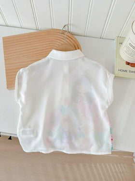 SHEIN LMoss Kids ملابس علوية بأكمام قصيرة فضفاضة للبنات الصغيرات لأسلوب الموضة الرياضي، للربيع والصيف