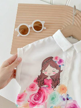 SHEIN LMoss Kids ملابس علوية بأكمام قصيرة فضفاضة للبنات الصغيرات لأسلوب الموضة الرياضي، للربيع والصيف