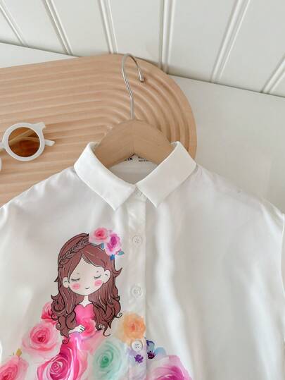 SHEIN LMoss Kids ملابس علوية بأكمام قصيرة فضفاضة للبنات الصغيرات لأسلوب الموضة الرياضي، للربيع والصيف