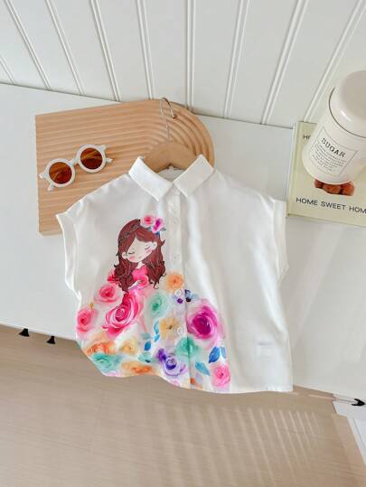SHEIN LMoss Kids ملابس علوية بأكمام قصيرة فضفاضة للبنات الصغيرات لأسلوب الموضة الرياضي، للربيع والصيف