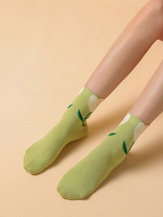 جوارب 3d Tulip Mid-calf ( متوسطة الساق) بخمسة أزواج مع دانتيل زهري، بطراز ياباني