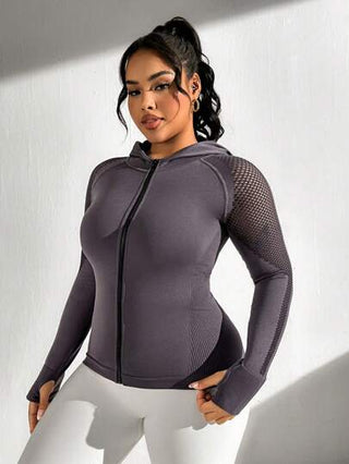Sport Studio جاكيت رياضية سلسة بالشبكة، مع غطاء رأس، مقاس كبير الحجم