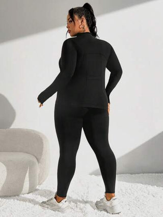 Sport Studio طقم رياضي للنساء ذو مقاس كبير، جاكيت رياضية مع سحاب وفتحات لإبهام اليد، وسروال رياضي مع فتحات، متناسق ومناسب للتمرين