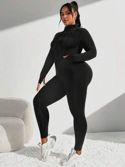Sport Studio طقم رياضي للنساء ذو مقاس كبير، جاكيت رياضية مع سحاب وفتحات لإبهام اليد، وسروال رياضي مع فتحات، متناسق ومناسب للتمرين