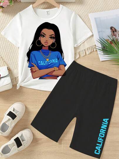girls-sets قميص بأكمام قصيرة وشورت ضيق للصغيرات، مطبوع عليه صورة معينة، مجموعة من 2قطعة