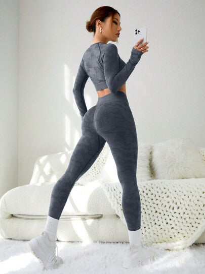 Seamluxe SHEIN Sport طقم بلوزة وجينز متكامل مطاطي مرن بفتحات لإبهام اليد للرياضة والتمارين للنساء