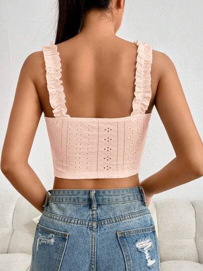EZwear قمة محبوكة بلا أكمام للسيدات بتفصيل الحافة المكشكشة