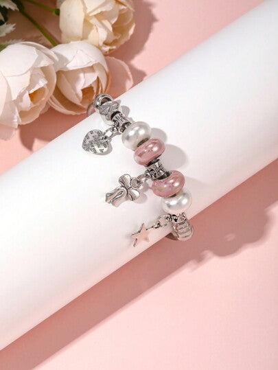 سوار من الفولاذ المقاوم للصدأ مع قلادة مزخرفة بشكل فراشة وقلب خزفي وردي ، إكسسوارات DIY للأصدقاء ، للحفلات أو المهرجانات أو عيد الحب